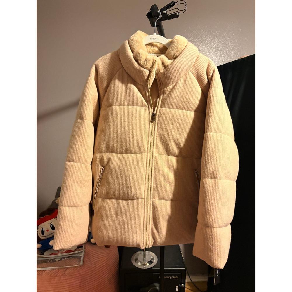 Tahari Corduroy Puffer Jacket Tan Beige Faux Fur Collar XXL NEW